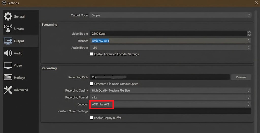 OBS Advanced Recording settings showing AMD HW AV1 and HQVBR rate control.