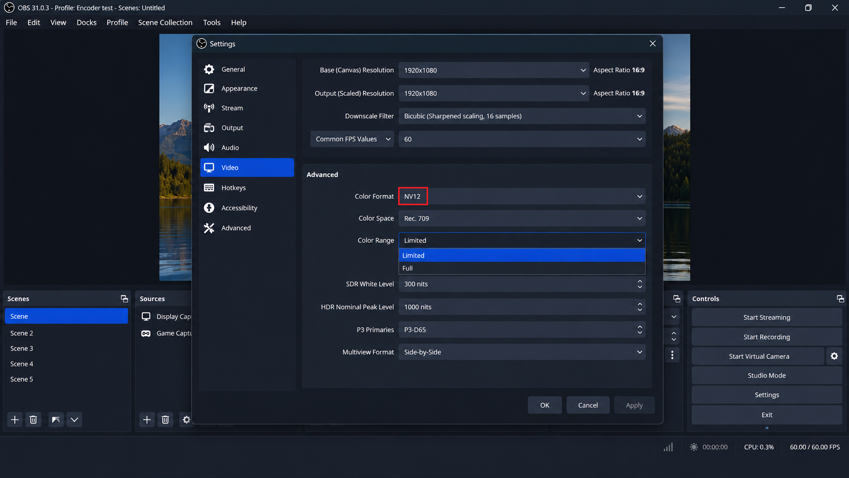OBS Advanced Video settings showing an existing NV12 and Rec. 709 SDR configuration.