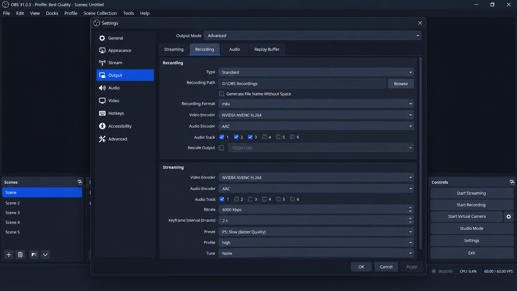 OBS Output settings showing the Recording and Streaming tabs in Advanced output mode.