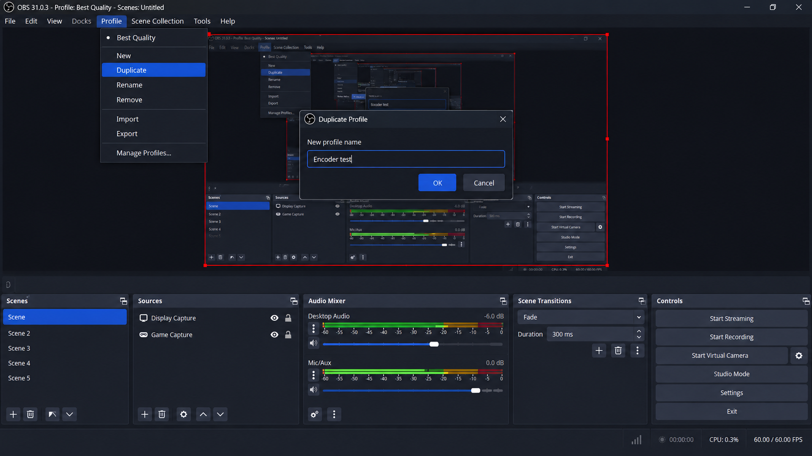 OBS Profile menu showing Export and Duplicate for the selected profile.