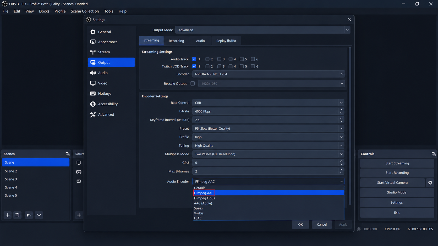 OBS Audio Encoder menu showing available AAC encoders for the selected output.