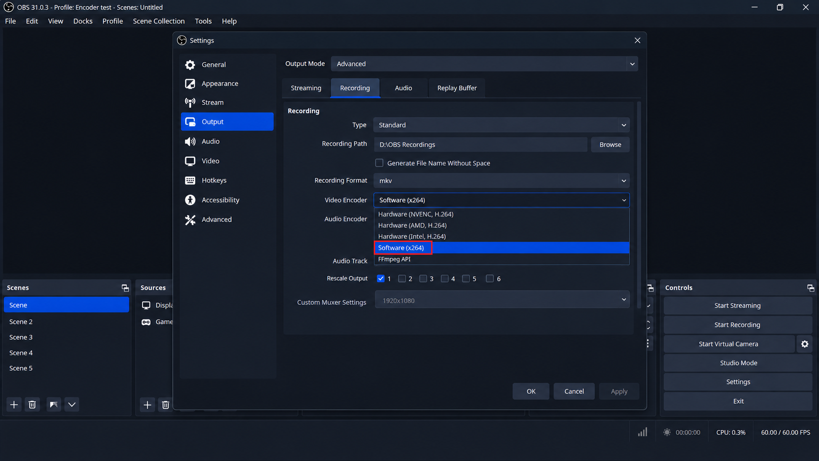 OBS Output settings with Software x264 selected as the video encoder for recording.