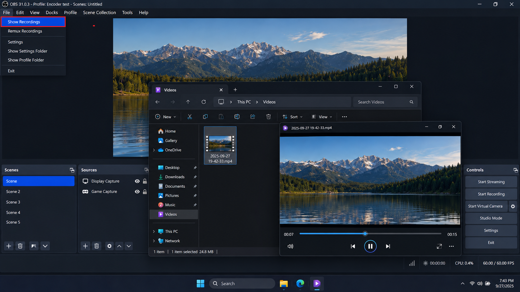 OBS File menu showing Show Recordings with a short local test file ready for playback.