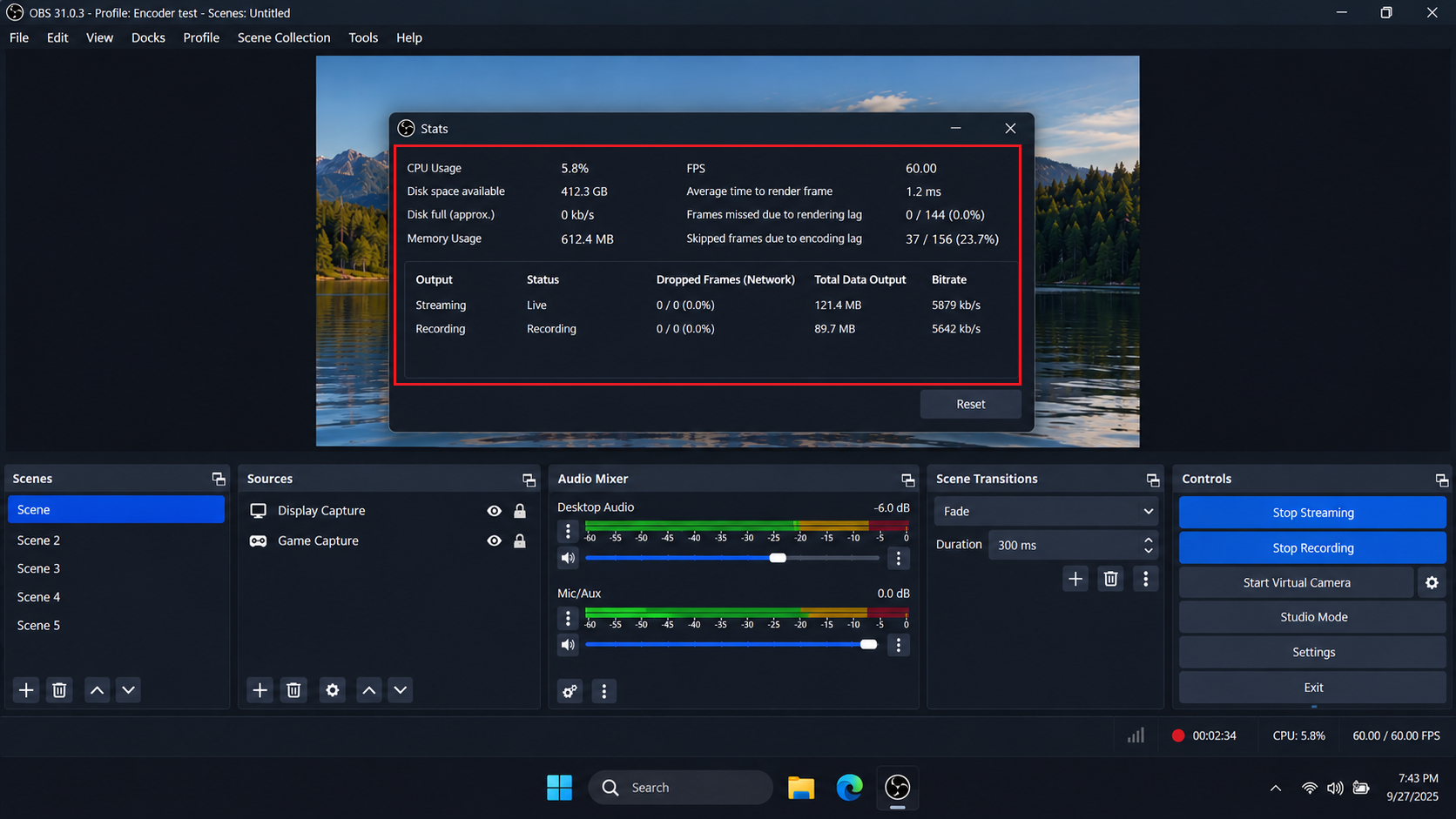 OBS Stats window showing CPU usage and skipped frames due to encoding lag during a software encoding test.