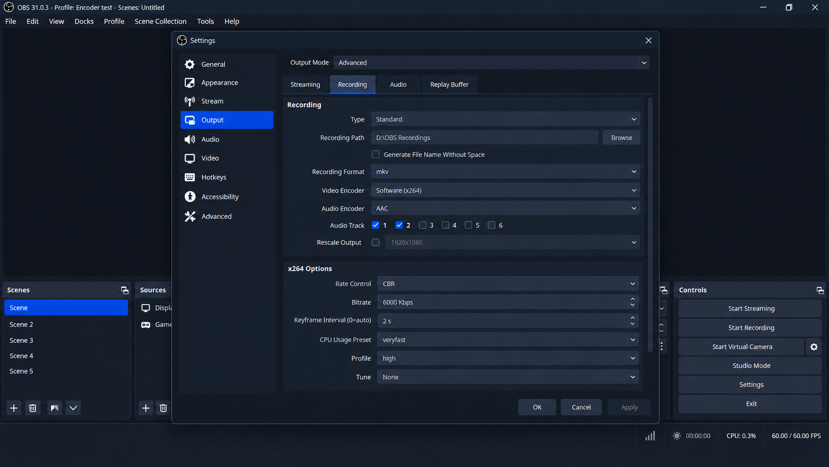 OBS recording settings showing x264 and its displayed quality and CPU preset controls.