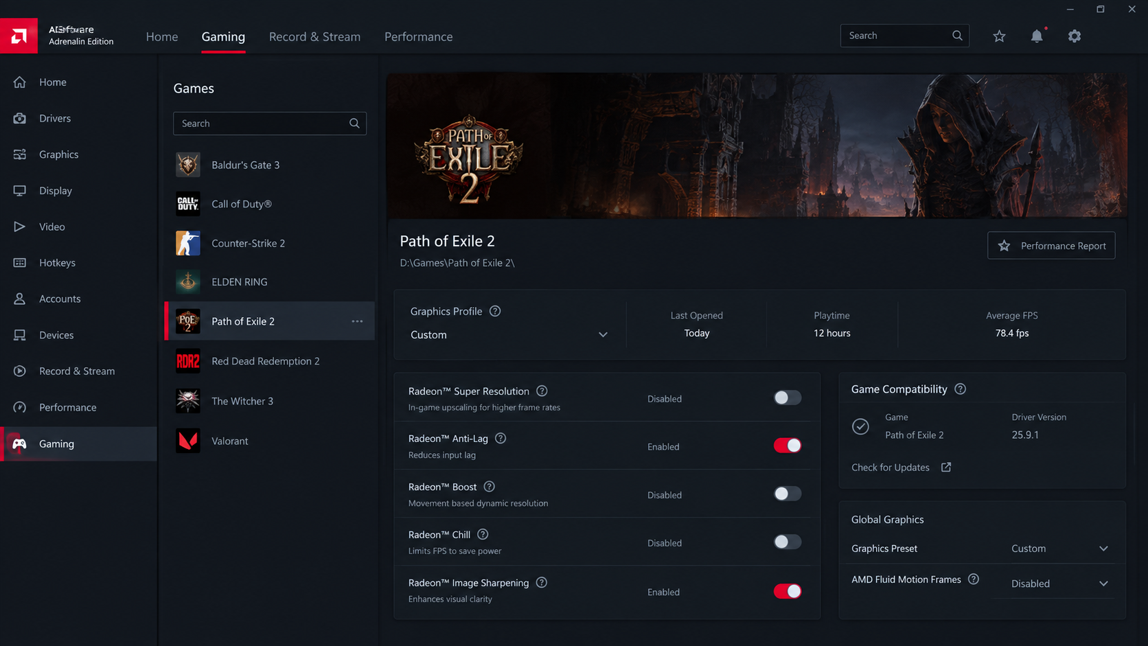AMD Software Gaming page with the POE2 game profile selected.