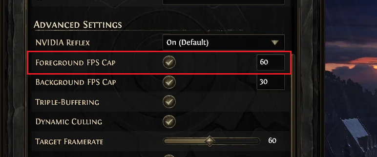 Path of Exile 2 graphics options with Foreground FPS Cap enabled at 60.