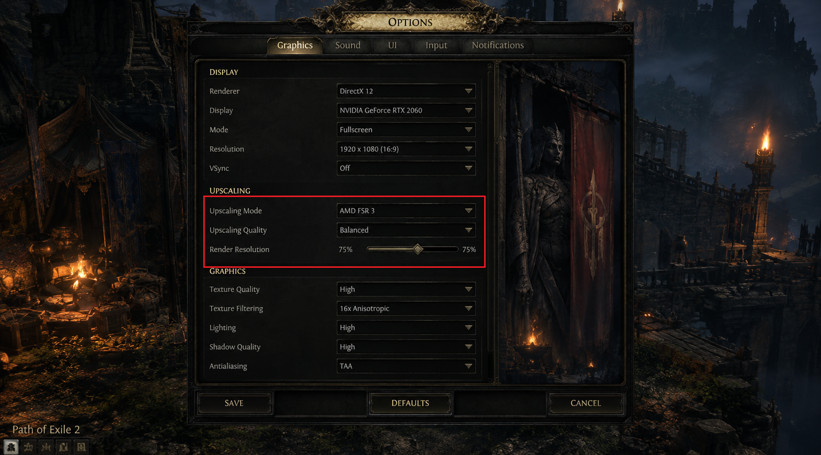 Path of Exile 2 graphics options showing a reduced render resolution for a comparison.