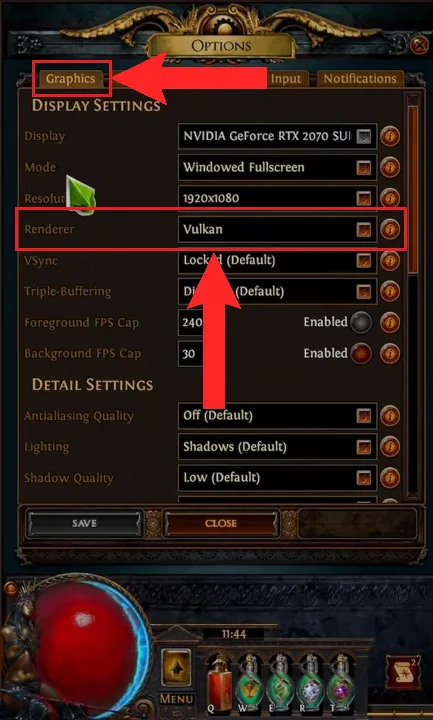 Path of Exile 2 Renderer menu offering DirectX 12 and Vulkan.