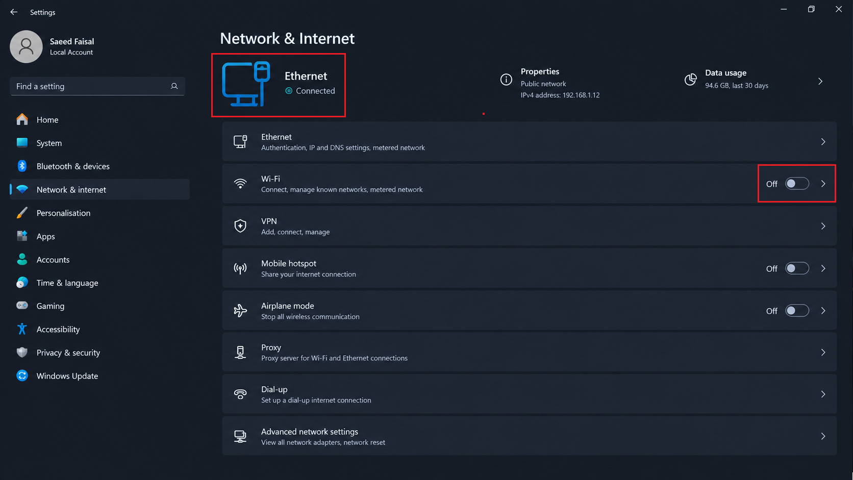 Windows Network and Internet settings showing an Ethernet connection.