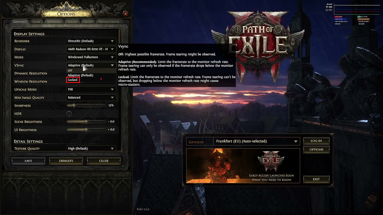 Path of Exile 2 graphics options with VSync set to Locked.