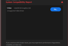 Premiere Pro System Compatibility Report showing an Unsupported Video Driver warning at launch.