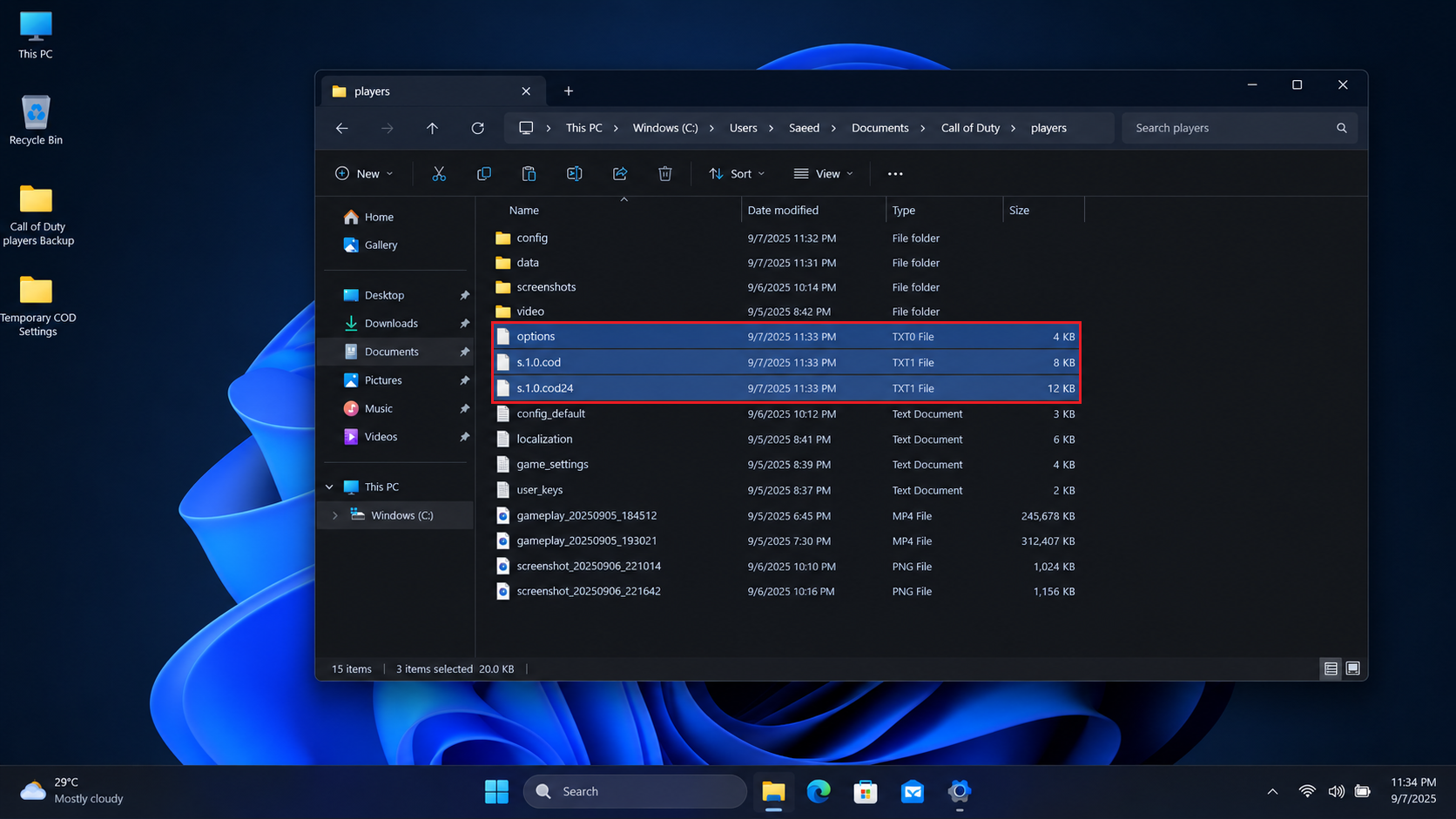 Call of Duty players folder with local settings files backed up before being rebuilt.