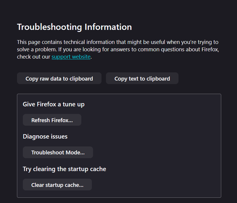 Firefox troubleshooting information and about profiles pages used to refresh Firefox or create a new profile.