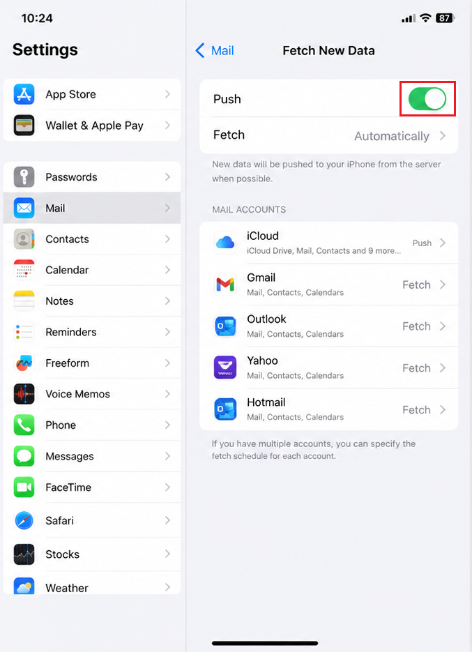 iPhone Fetch New Data settings with Push enabled and Fetch set to Automatically.