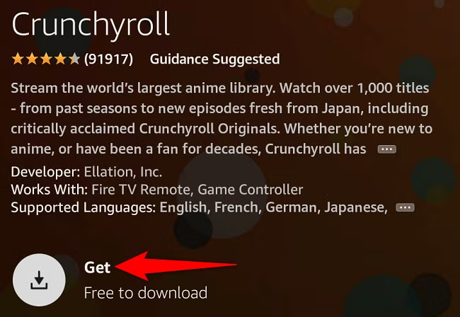 Amazon Appstore app listing on Fire TV with the Get or Download button selected.