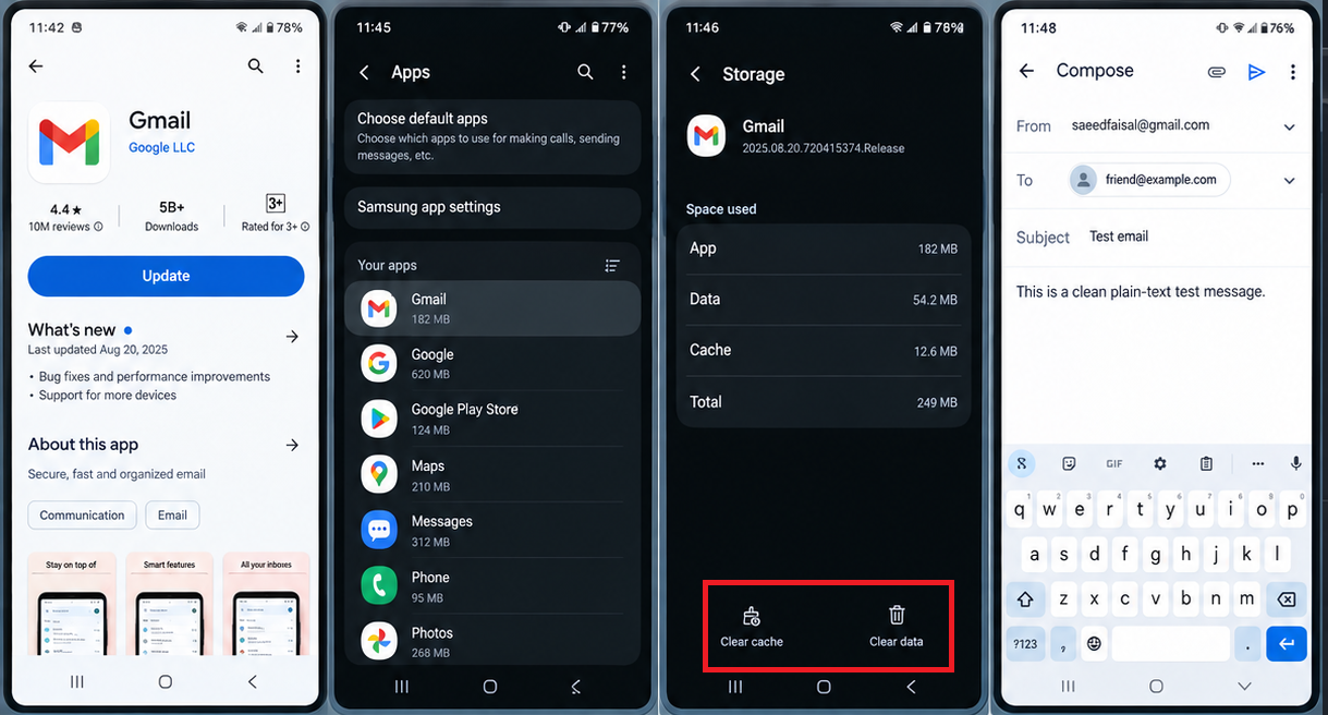 Android Gmail app cache screen and iPhone App Store update screen used to reset Gmail mobile sending.