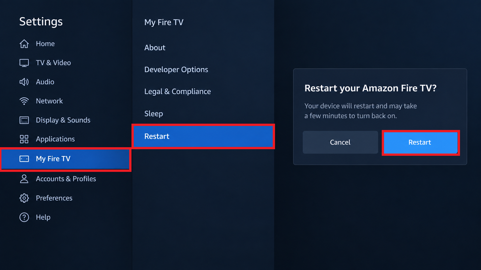 Fire TV Stick restart option selected from the My Fire TV settings screen.