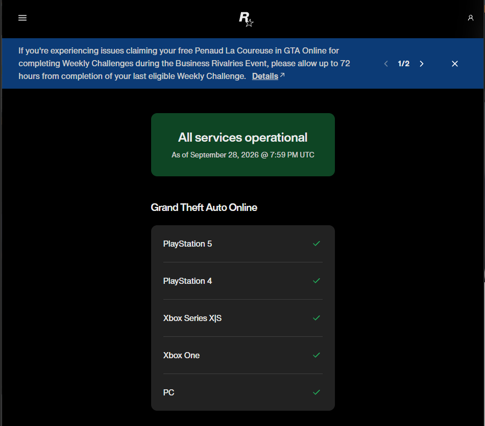 Rockstar Games service status page with the Cfx service components visible.