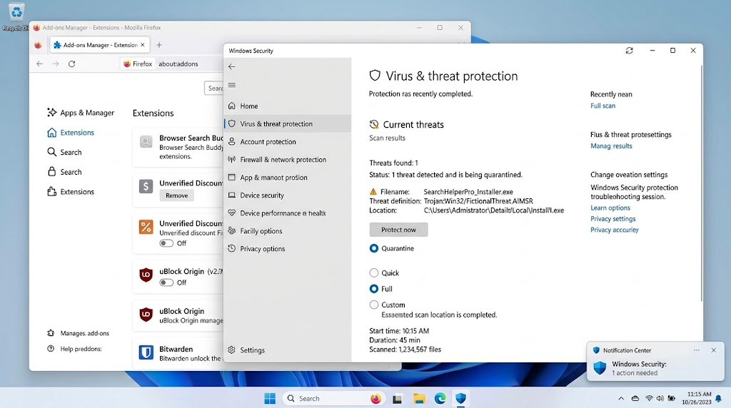 Antivirus scan and Firefox add-ons page being checked for malware or unwanted browser helpers.