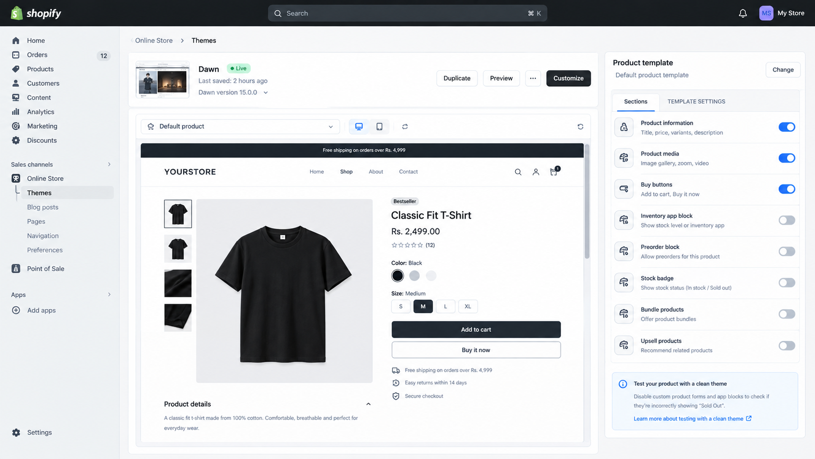 Shopify theme preview using a default product template to test whether the Sold Out button comes from theme code.