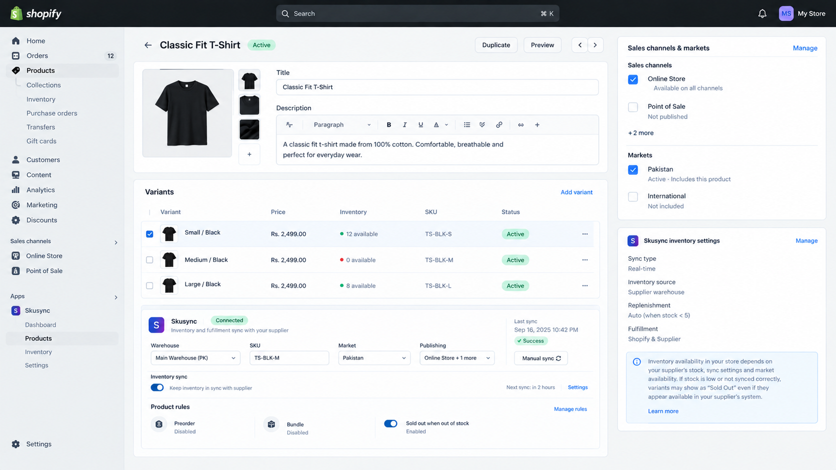 Shopify app settings for inventory sync and preorder rules connected to a product that shows Sold Out.