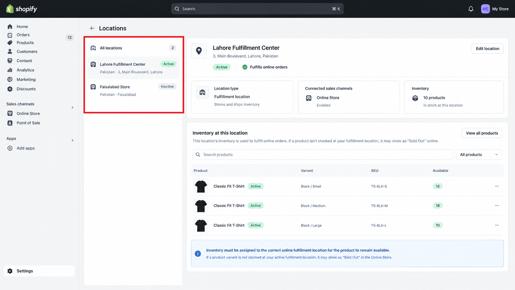 Shopify Locations settings showing a fulfillment location used for online orders.