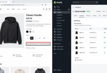 Shopify product page showing Sold Out while the admin inventory screen shows available stock.