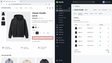 Shopify product page showing Sold Out while the admin inventory screen shows available stock.