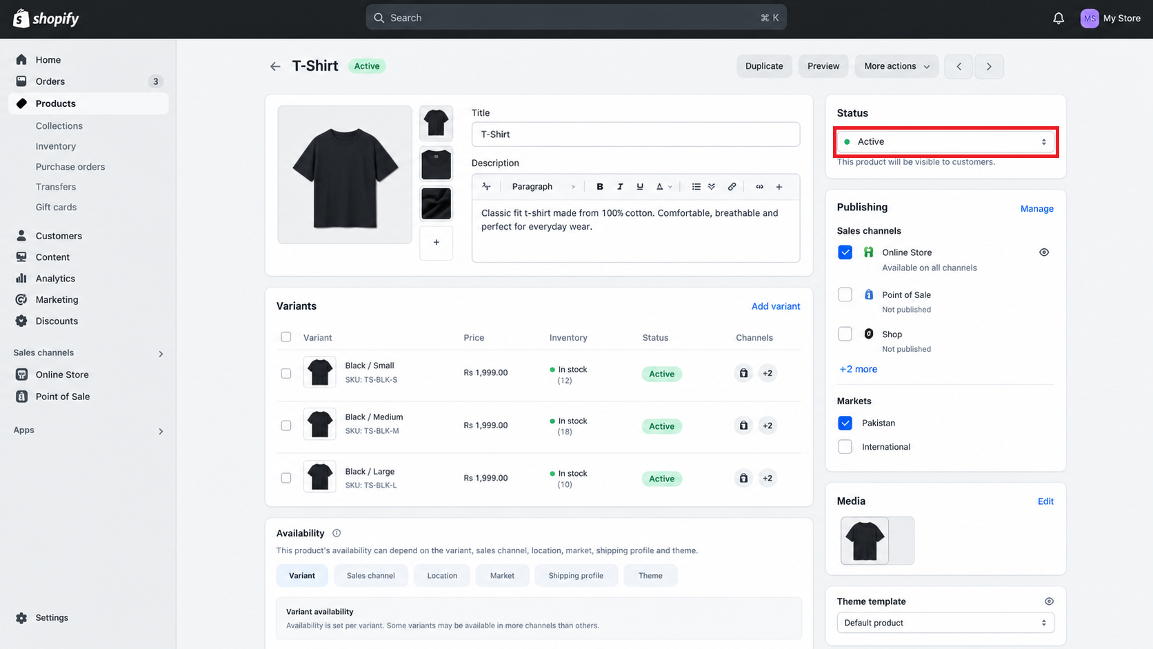 Shopify product page showing Sold Out while the admin inventory screen shows available stock.