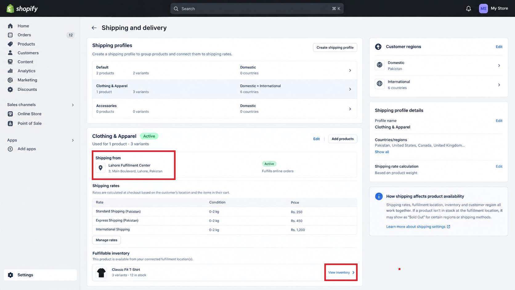 Shopify shipping profile showing a product assigned to a shipping origin with rates for the customer region.