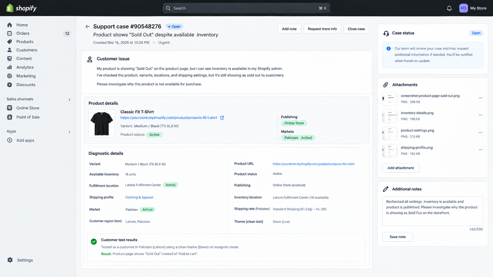 Screenshots prepared for Shopify Support showing inventory, publishing, shipping profile, market, and a Sold Out storefront button.