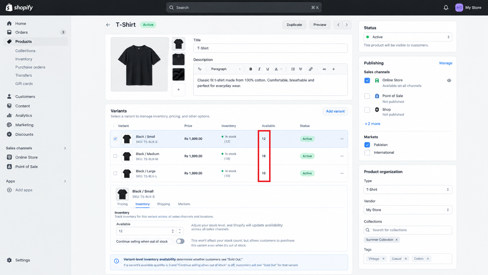 Shopify variant inventory screen showing Available stock for the selected size or color.