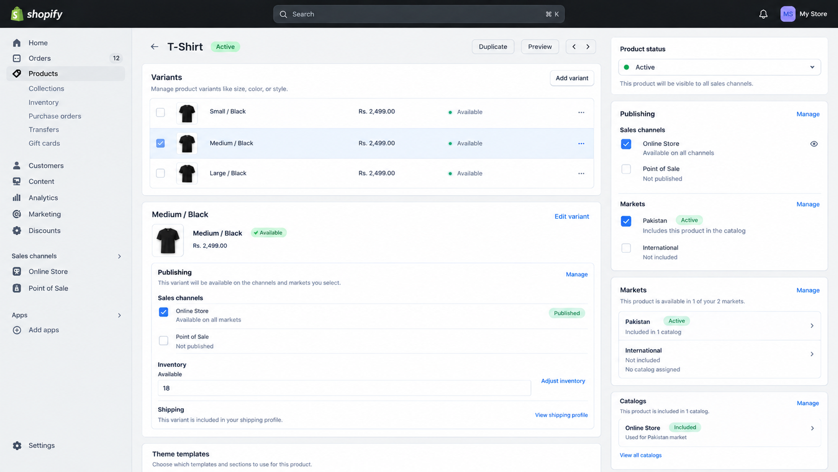 Shopify variant publishing dialog with Online Store and catalog availability selected.