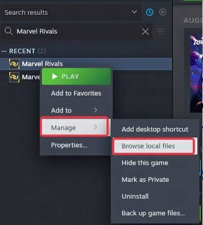 Steam Marvel Rivals Manage menu with Browse local files selected.