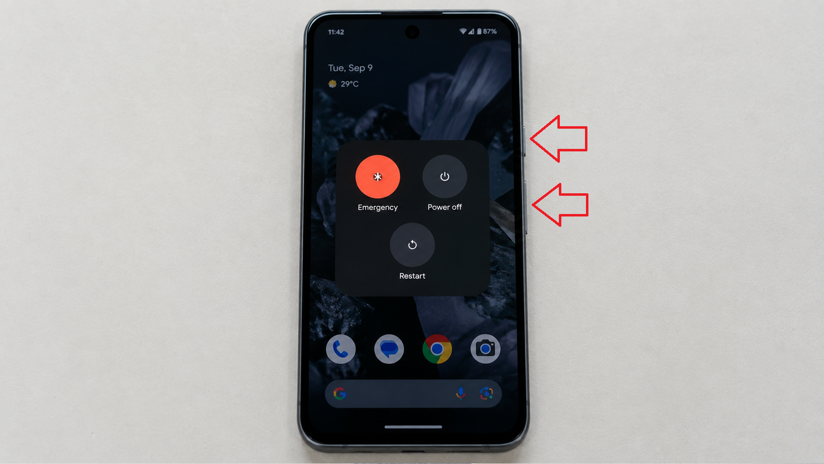 Google Pixel power menu and Safe Mode label used to test speaker audio without downloaded apps.
