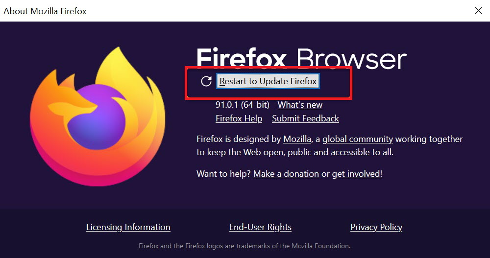 About Firefox window checking for updates before retrying website loading.
