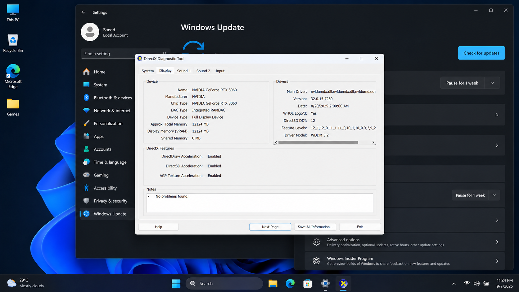 DirectX Diagnostic Tool showing GPU model and driver version before updating Warzone graphics drivers.