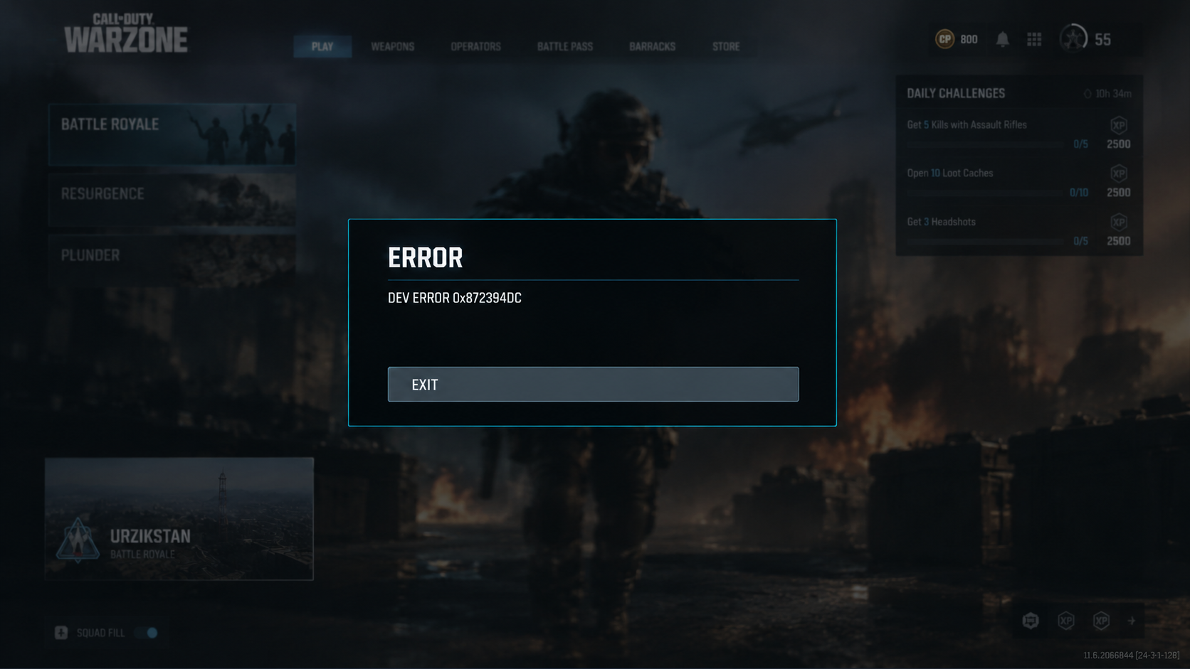 Call of Duty Warzone crash window showing Dev Error 0x872394dc and Game_steam_ship.exe.