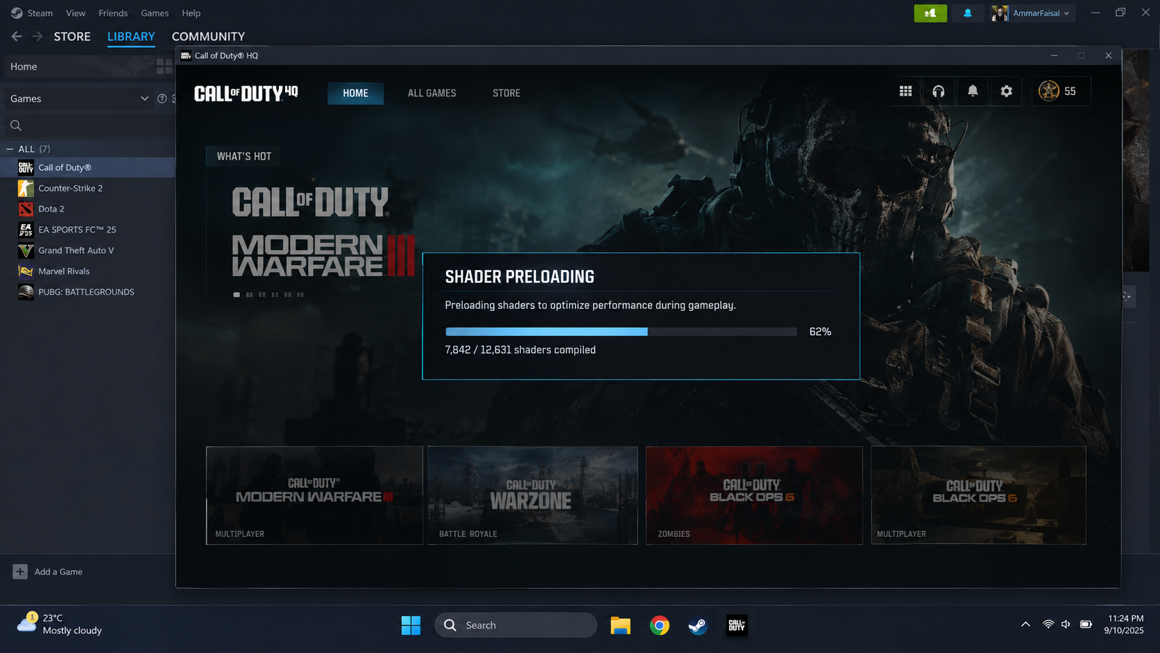 Call of Duty menu showing shader preloading progress before entering Warzone.