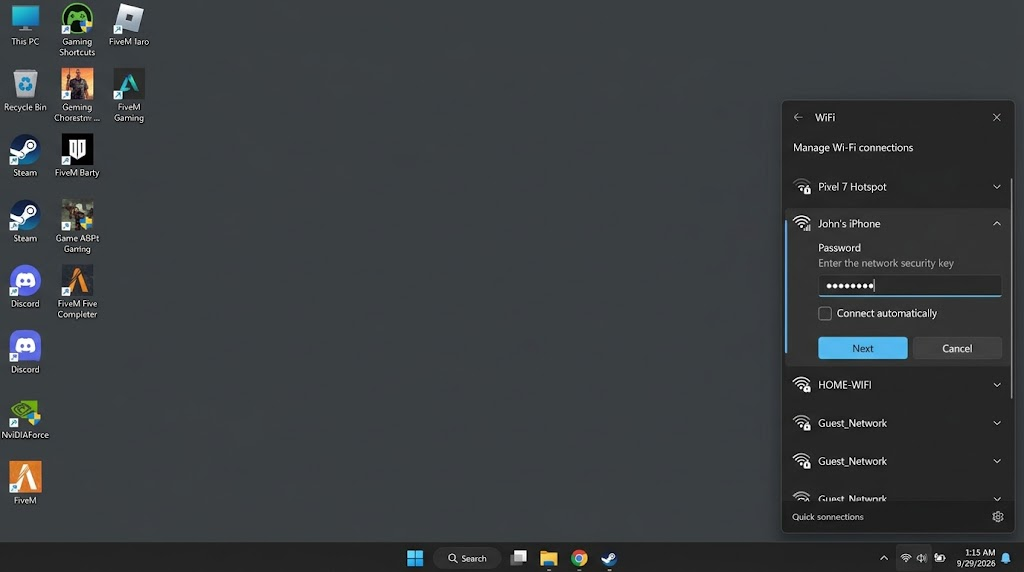 Windows Wi-Fi connection list showing a permitted mobile hotspot selected for connection.