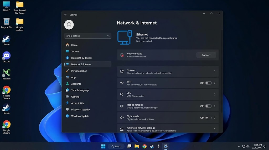 Windows Wi-Fi connection list with the current network's Disconnect control visible.