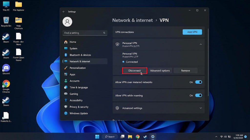 Windows VPN controls showing an optional VPN disconnected before a FiveM connection test.