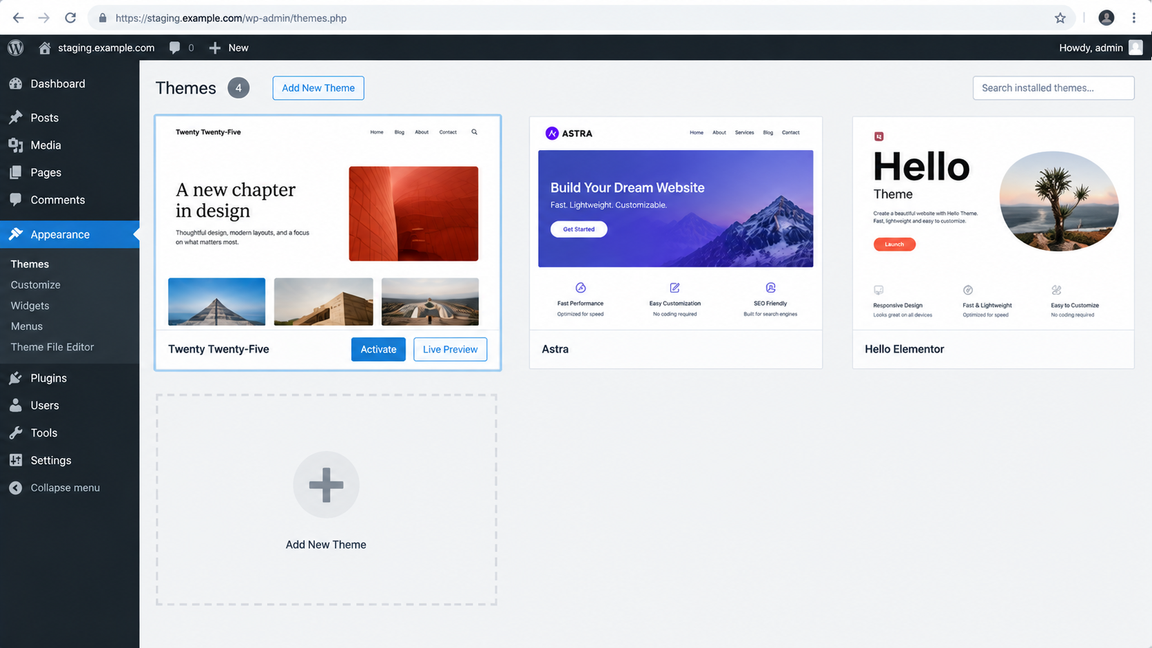 WordPress theme details showing Activate for an installed compatible default theme.