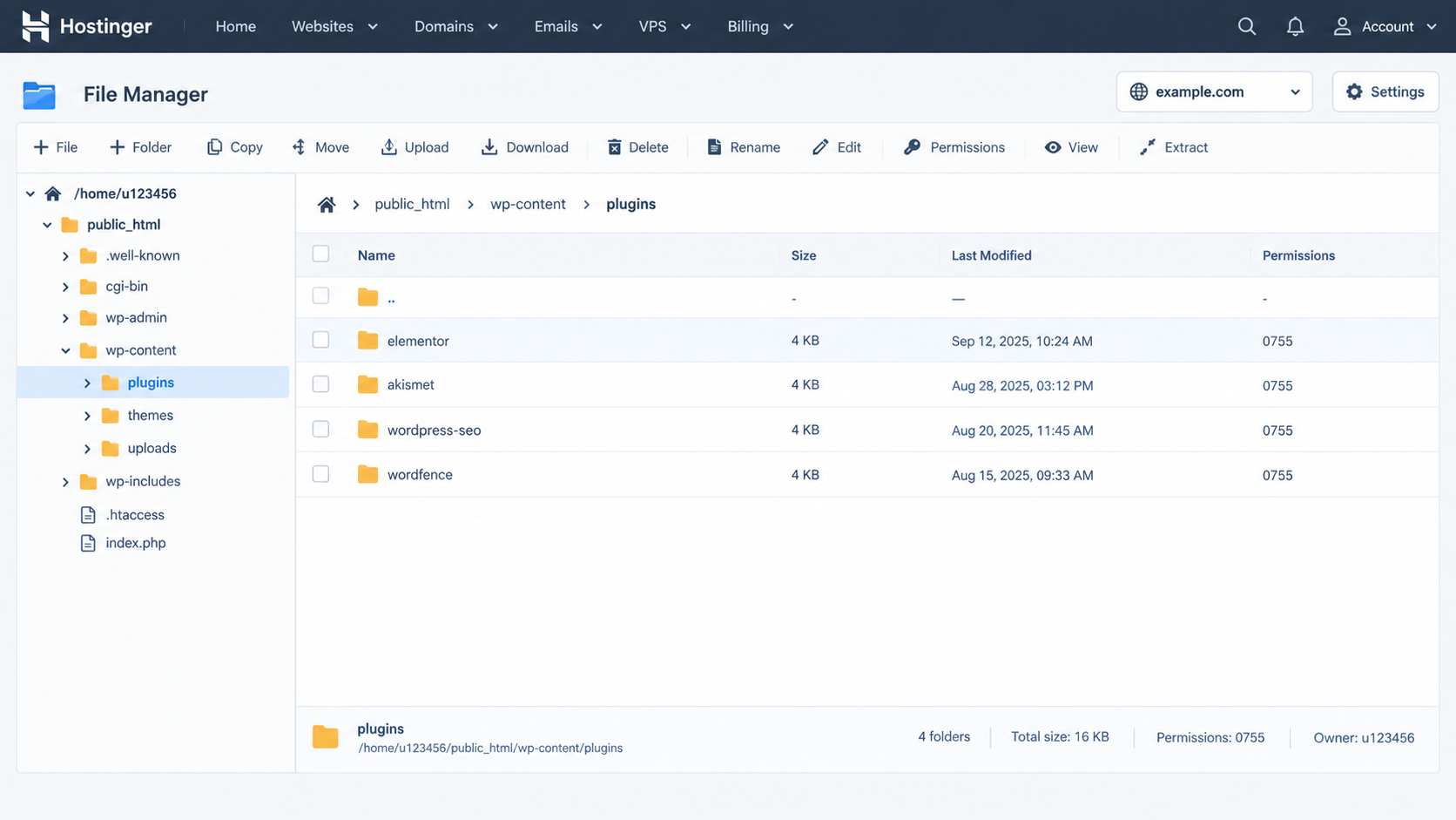 Hosting file manager showing the affected site's wp-content plugins directory and the plugin folder named in its error log.