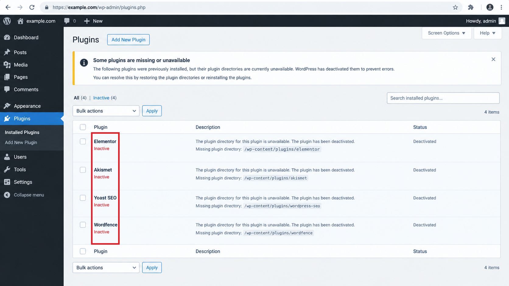 WordPress Installed Plugins page reporting missing plugin files after the plugins directory was renamed.