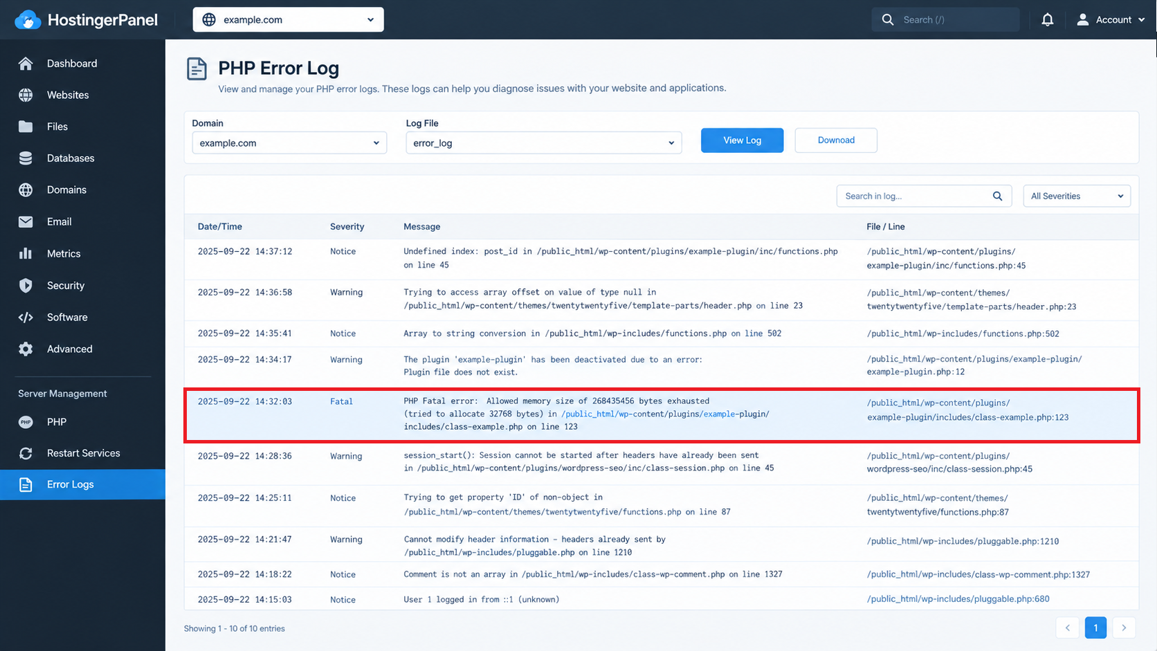 Private hosting PHP error log showing Allowed memory size exhausted at the time of the failed WordPress request.