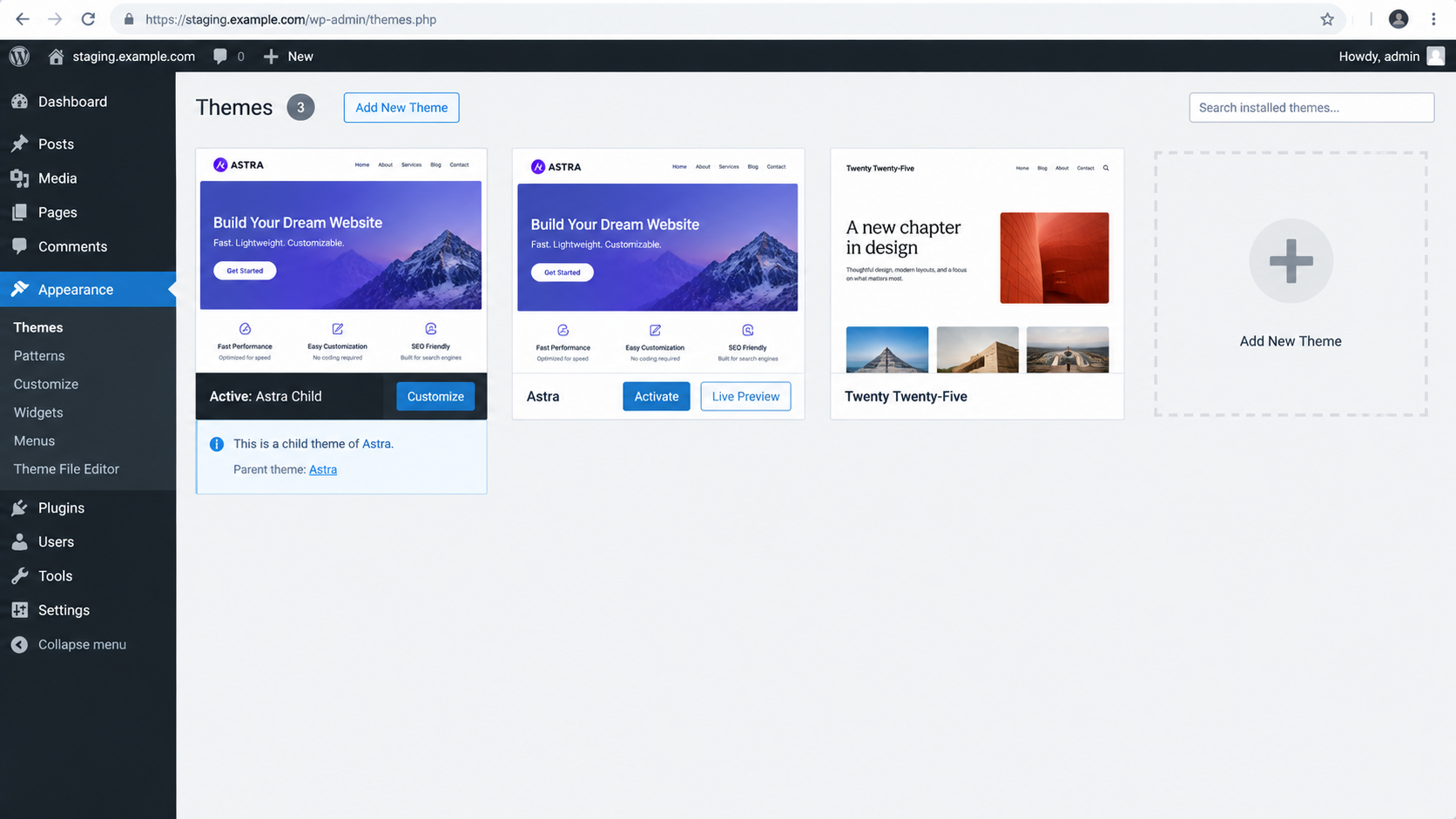 WordPress Appearance Themes page showing the active theme and another installed default theme.
