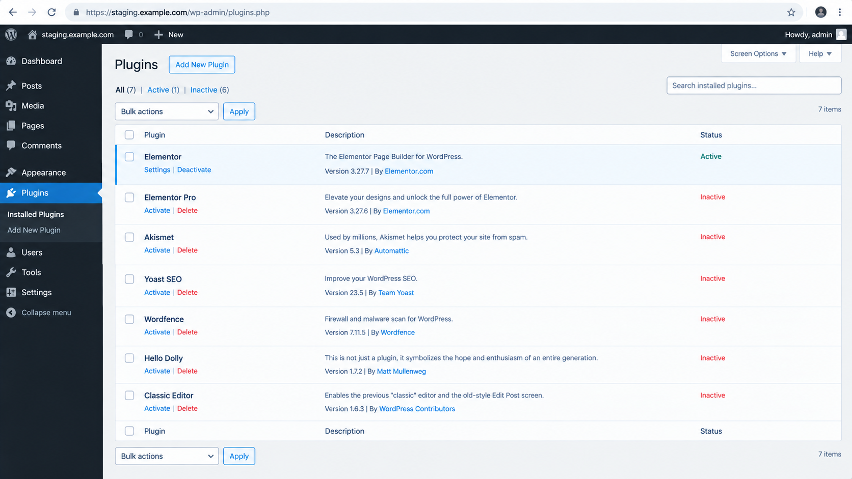 WordPress Installed Plugins screen with individual Activate links for a staged conflict test.