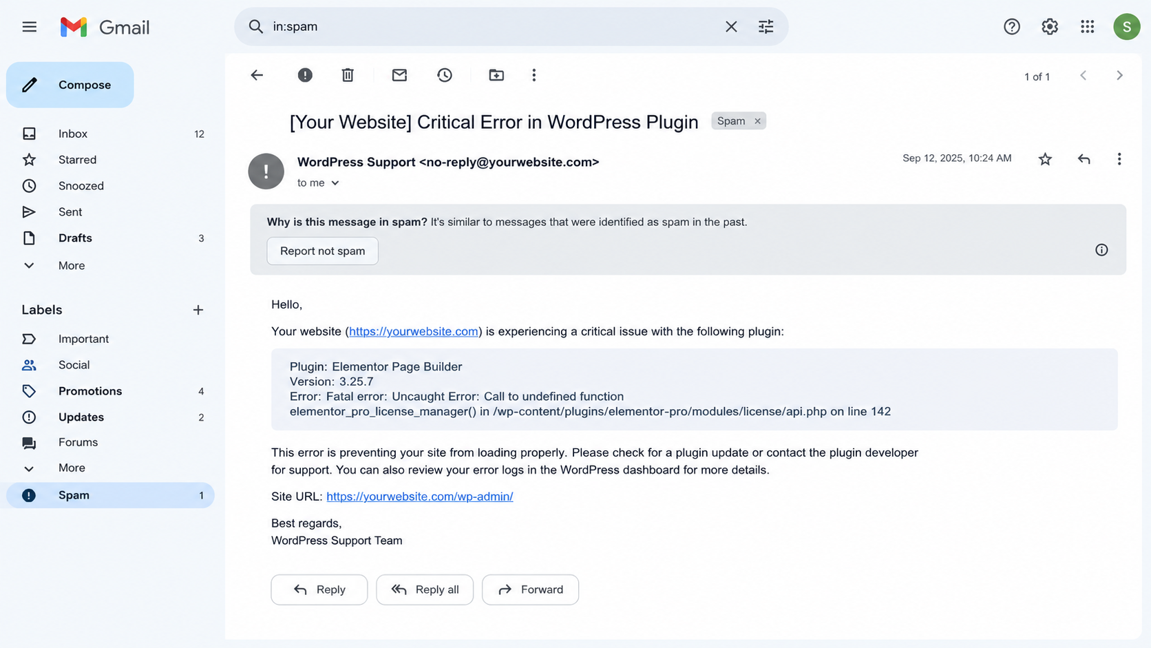 WordPress technical-issue email showing the affected plugin and Recovery Mode link with private details hidden.